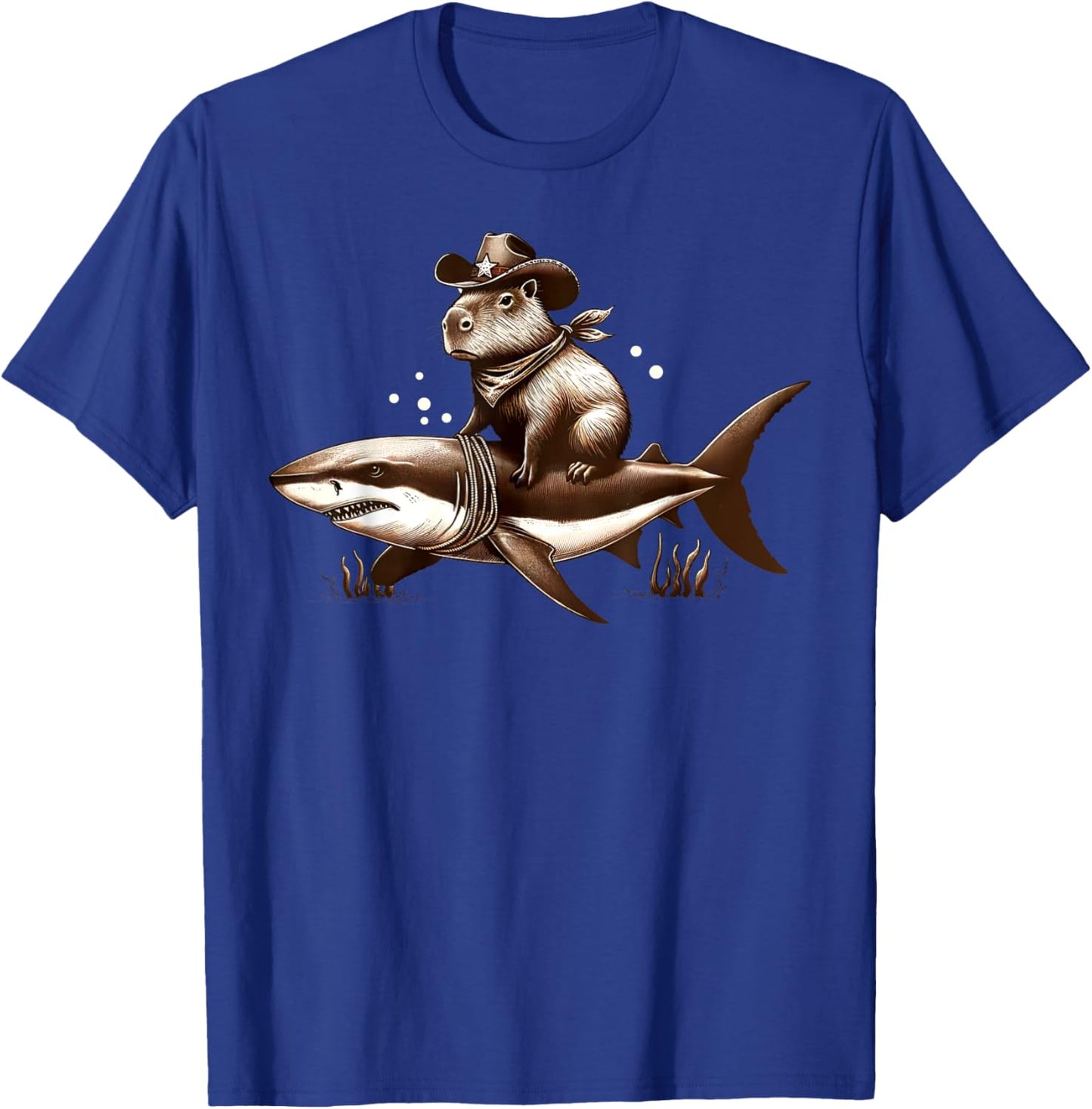 Cowboy Capybara Riding Shark Funny Retro Western Animal T-Shirt - T-Shirt | Royal