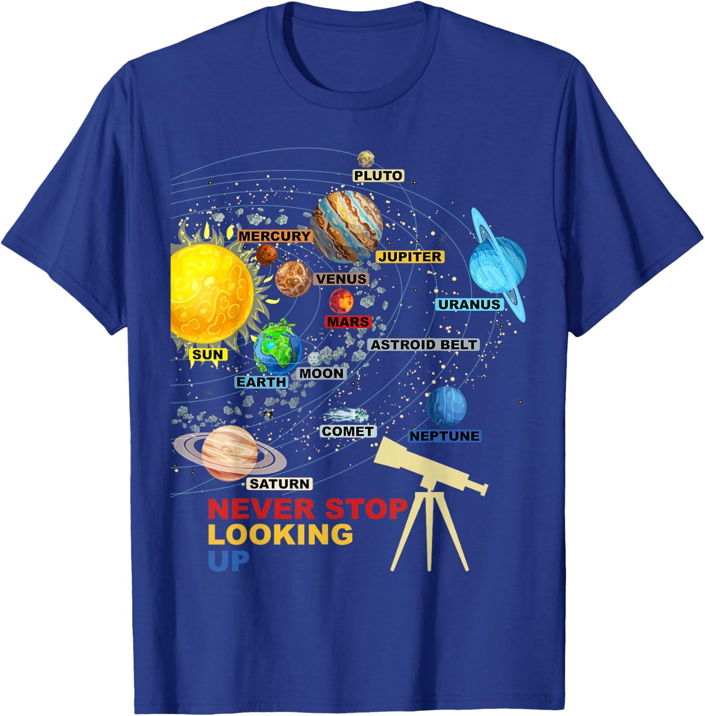 Solar System Planets - Never Stop Looking Up - Astronomy T-Shirt - T-Shirt | Royal