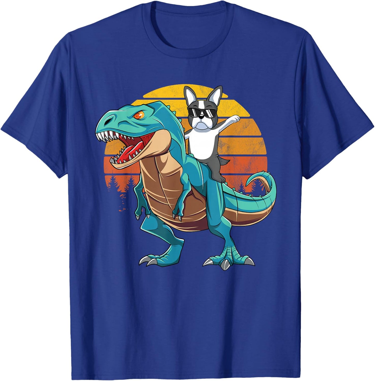 Boston Terrier Dog Riding Dinosaur T Rex Boys T-Shirt - T-Shirt | Royal