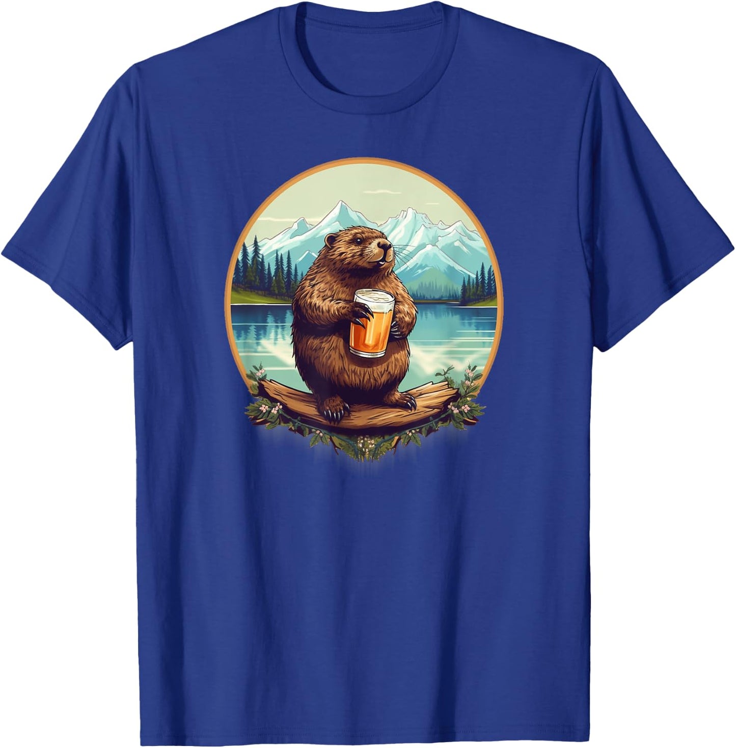 Beer Drinking Beaver in the Mountain Outdoors T-Shirt - T-Shirt | Royal