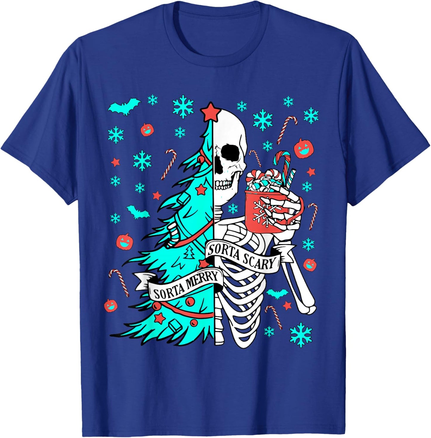 Sorta Merry Sorta Scary Funny Christmas Skeleton Tree Santa T-Shirt - T-Shirt | Royal