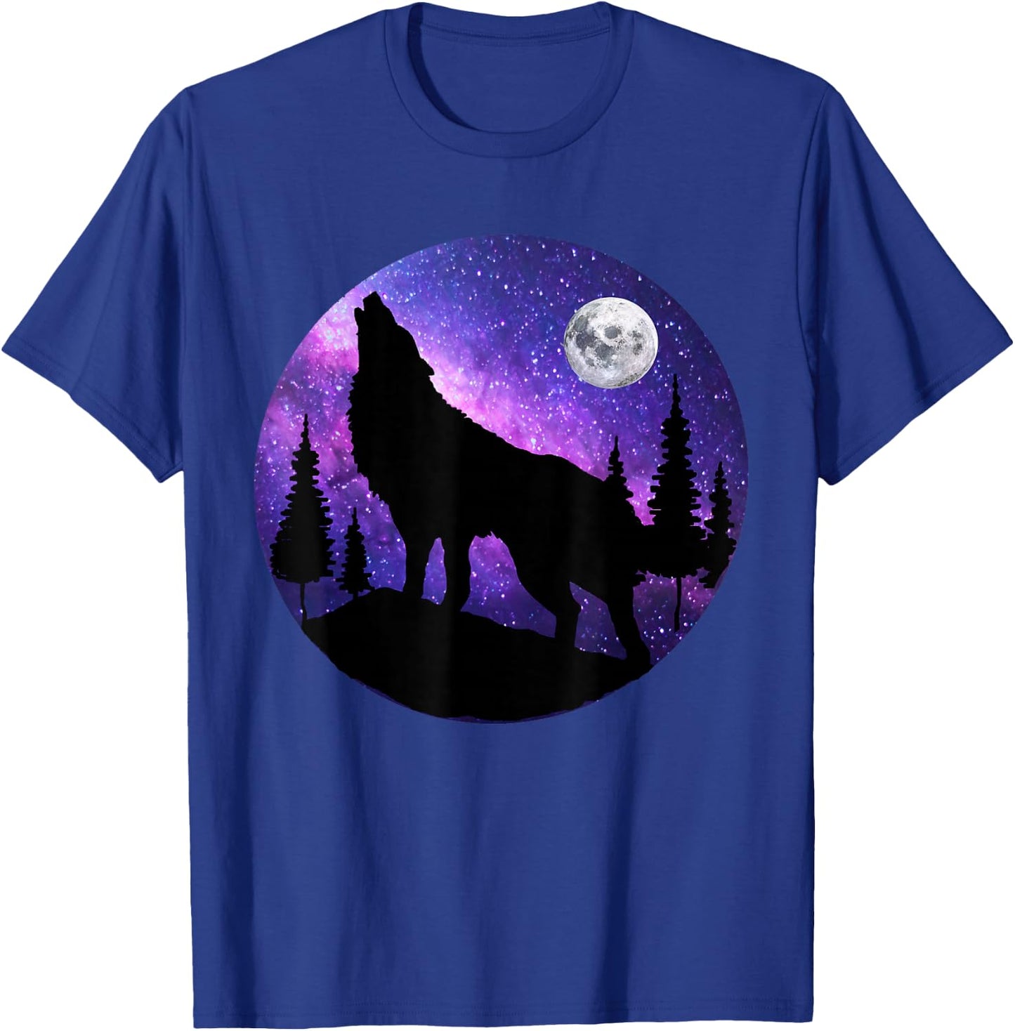 Howling Wolf Under The Full Moon With Purple Galaxy Sky T-Shirt - T-Shirt | Royal