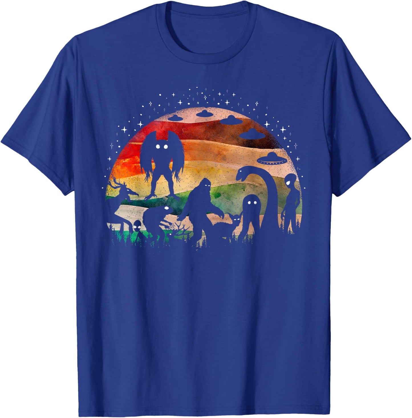 Retro Cryptid Funny Bigfoot Mothman And Aliens Cryptozoology T-Shirt - T-Shirt | Royal