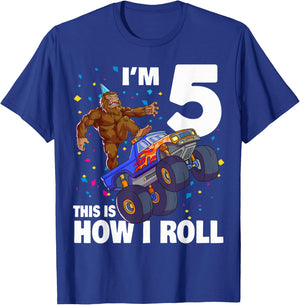 I'm 5 Bigfoot Sasquatch Monster Truck Kids 5th Birthday Boy T-Shirt - T-Shirt | Royal