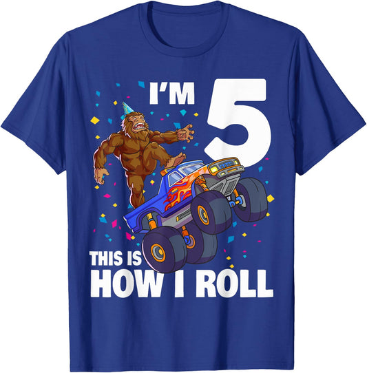 I'm 5 Bigfoot Sasquatch Monster Truck Kids 5th Birthday Boy T-Shirt - T-Shirt | Royal