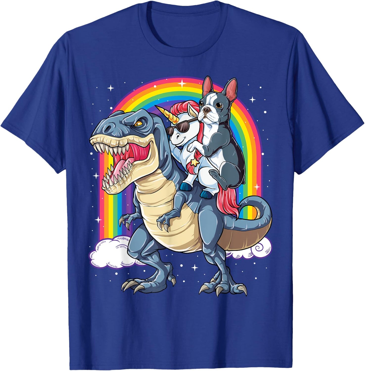Boston Terrier Unicorn Riding Dinosaur T-rex Girls Rainbow T-Shirt - T-Shirt | Royal