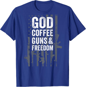 GOD COFFEE GUNS & FREEDOM - Pro Gun USA Flag - ON BACK Women Men T-Shirt - T-Shirt | Royal