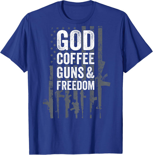 GOD COFFEE GUNS & FREEDOM - Pro Gun USA Flag - ON BACK Women Men T-Shirt - T-Shirt | Royal