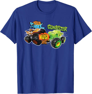 Hot Wheels Monster Trucks - Tiger Shark vs Gunkster T-Shirt - T-Shirt | Royal