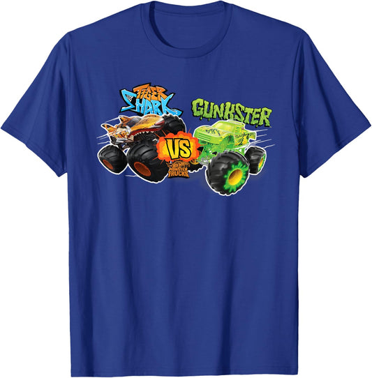 Hot Wheels Monster Trucks - Tiger Shark vs Gunkster T-Shirt - T-Shirt | Royal