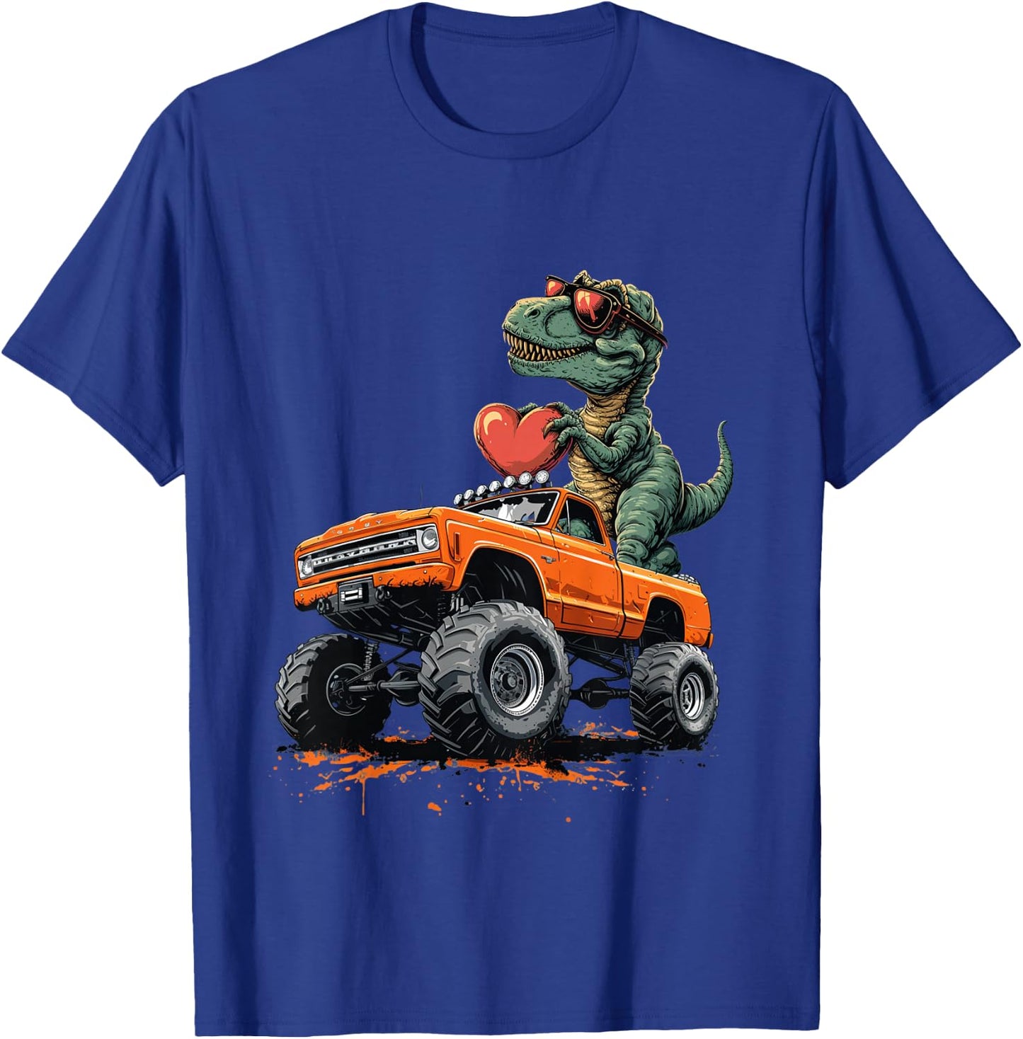 Kids Valentines Day T Rex Riding Monster Truck Funny Toddler Boys T-Shirt - T-Shirt | Royal
