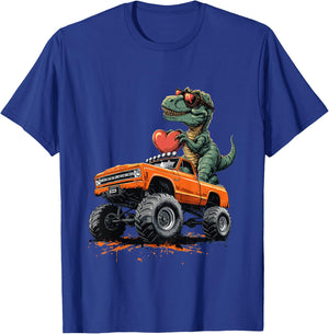 Kids Valentines Day T Rex Riding Monster Truck Funny Toddler Boys T-Shirt - T-Shirt | Royal