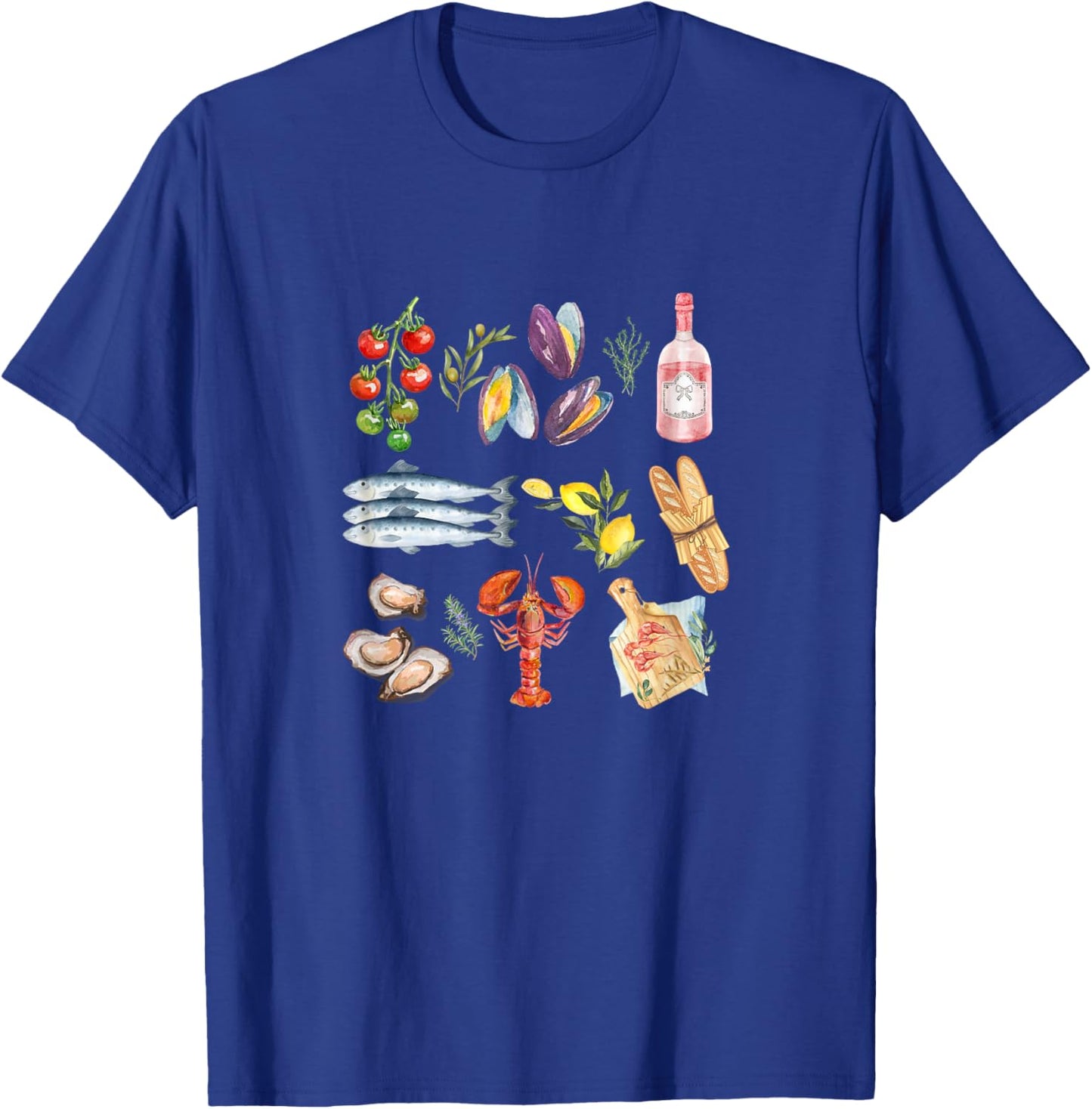 Italian Summer Scrapbook with seafood coastal Mediterranean Men Women Kids T-Shirt - T-Shirt | Royal