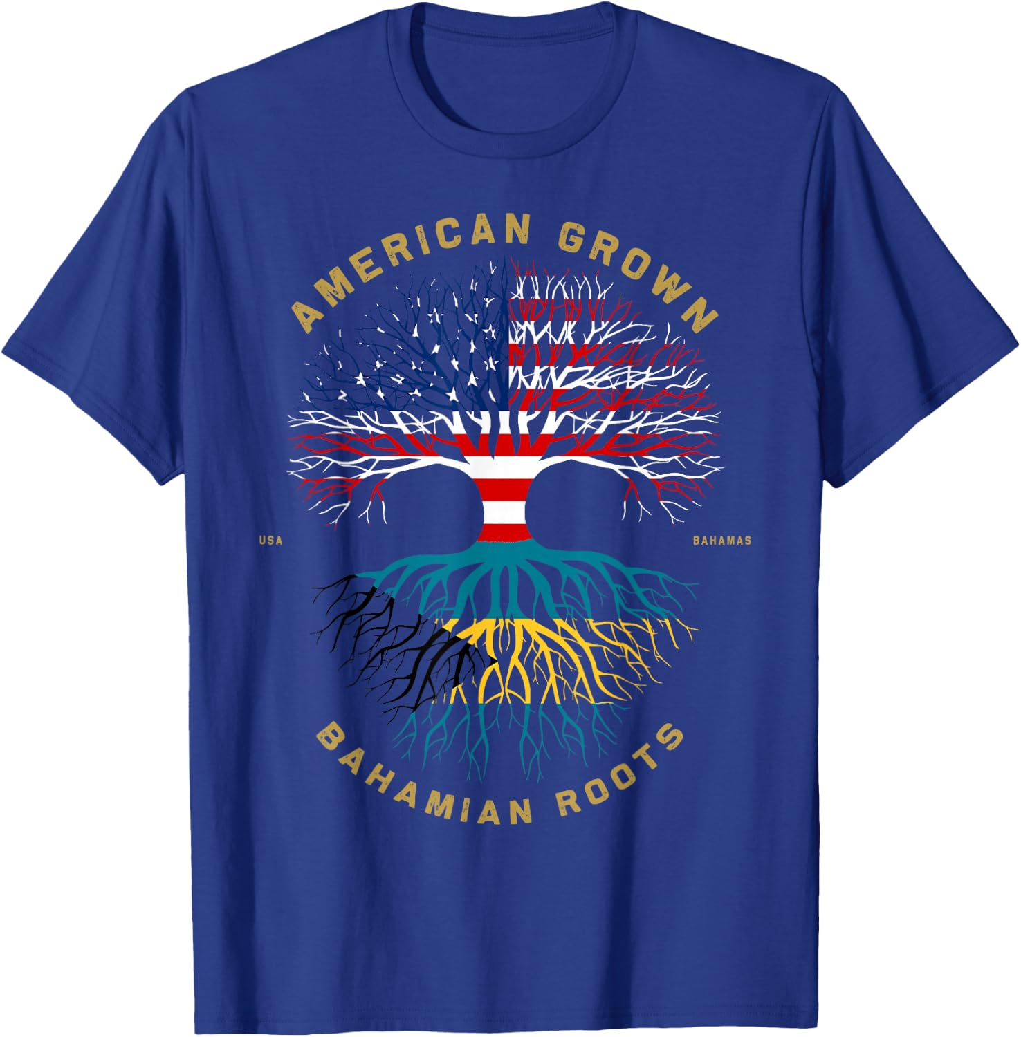 American Grown With Bahamian Roots Tree USA Flag Gifts T-Shirt - T-Shirt | Royal