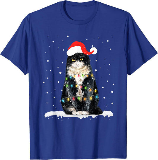 Funny Santa Cat Christmas Lights Holiday Gift Men Women Kids T-Shirt - T-Shirt | Royal