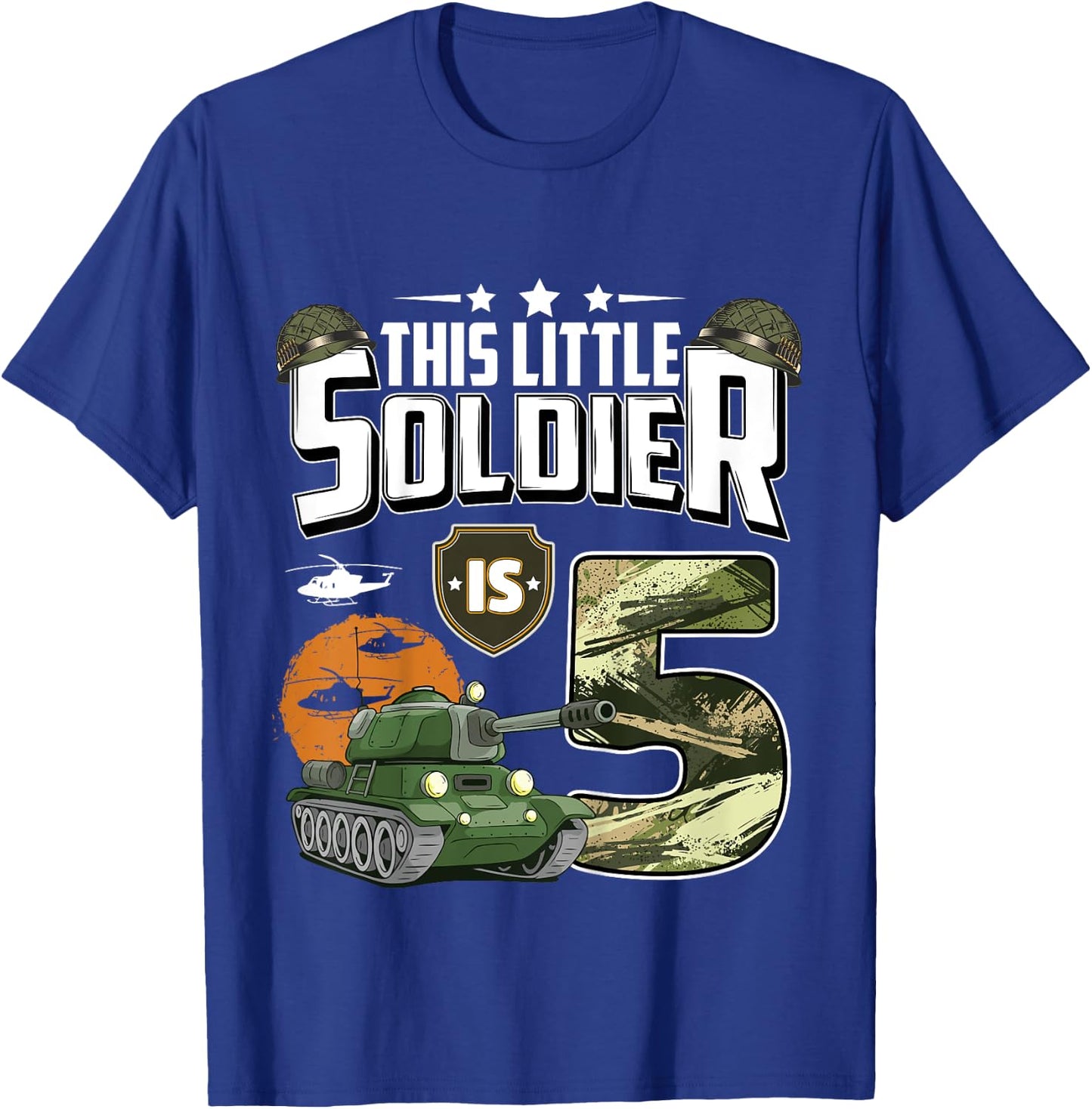 Kids 5 Year Old Soldier 5th Birthday Military Themed Camo boys T-Shirt - T-Shirt | Royal