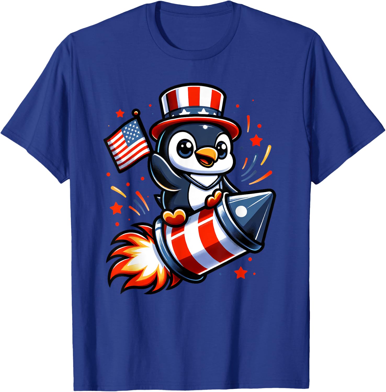 4th July Penguin Fireworks American USA Flag Boys Girls T-Shirt - T-Shirt | Royal