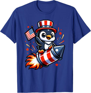 4th July Penguin Fireworks American USA Flag Boys Girls T-Shirt - T-Shirt | Royal