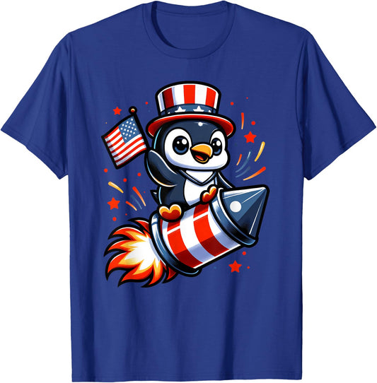 4th July Penguin Fireworks American USA Flag Boys Girls T-Shirt - T-Shirt | Royal