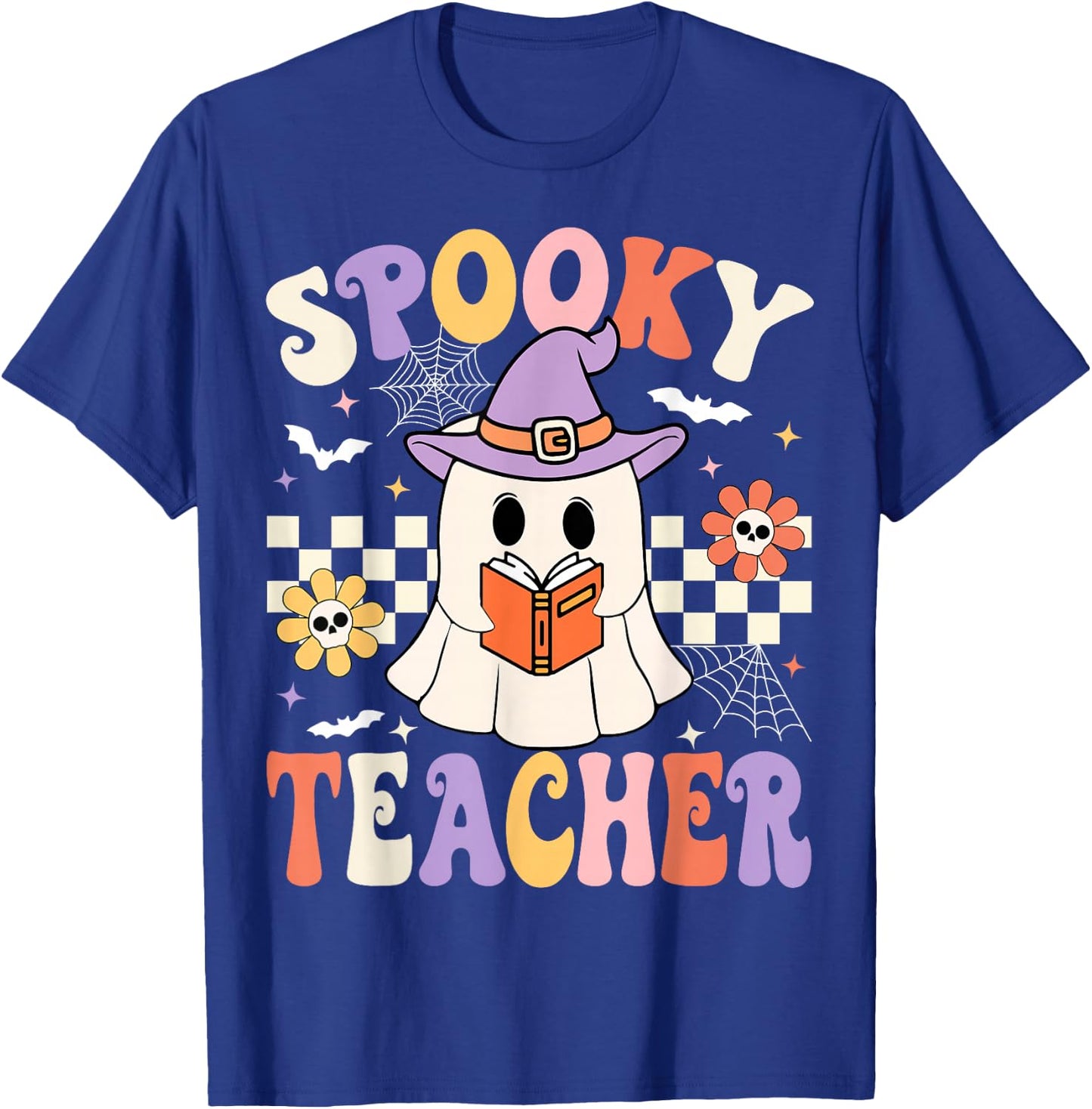 Groovy Spooky Teacher Ghost Retro Floral Teacher Halloween T-Shirt - T-Shirt | Royal