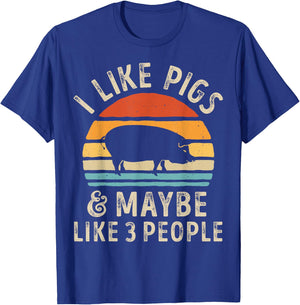 I Like Pigs And Maybe Like 3 People Pig Lover Farmer Retro T-Shirt - T-Shirt | Royal