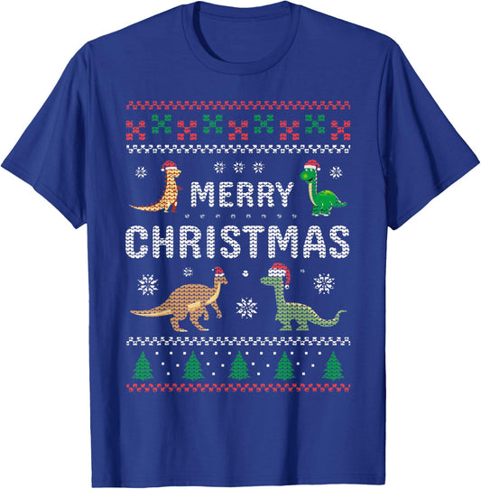 Merry Xmas Holiday Clothing Funny Dinosaur Ugly Christmas T-Shirt - T-Shirt | Royal