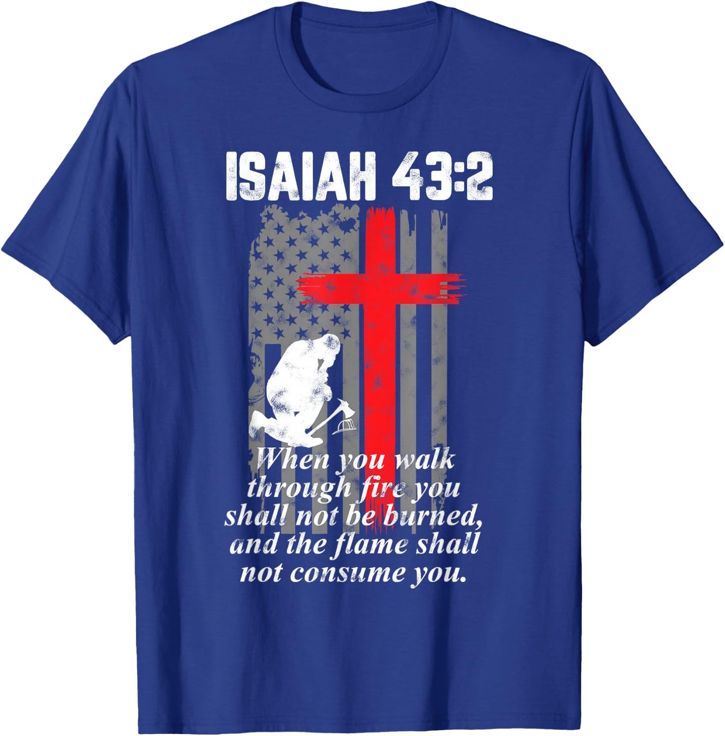 Thin Red Line Firefighter Cross Bible Verse American Flag Small T-Shirt - T-Shirt | Royal