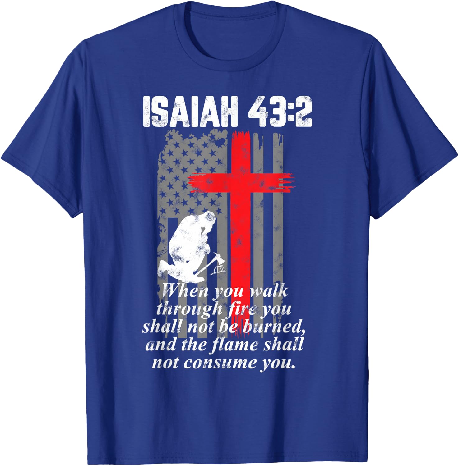 Thin Red Line Firefighter Cross Bible Verse American Flag Small T-Shirt - T-Shirt | Royal