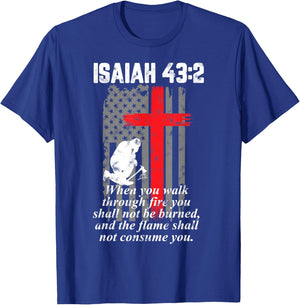 Thin Red Line Firefighter Cross Bible Verse American Flag Small T-Shirt - T-Shirt | Royal