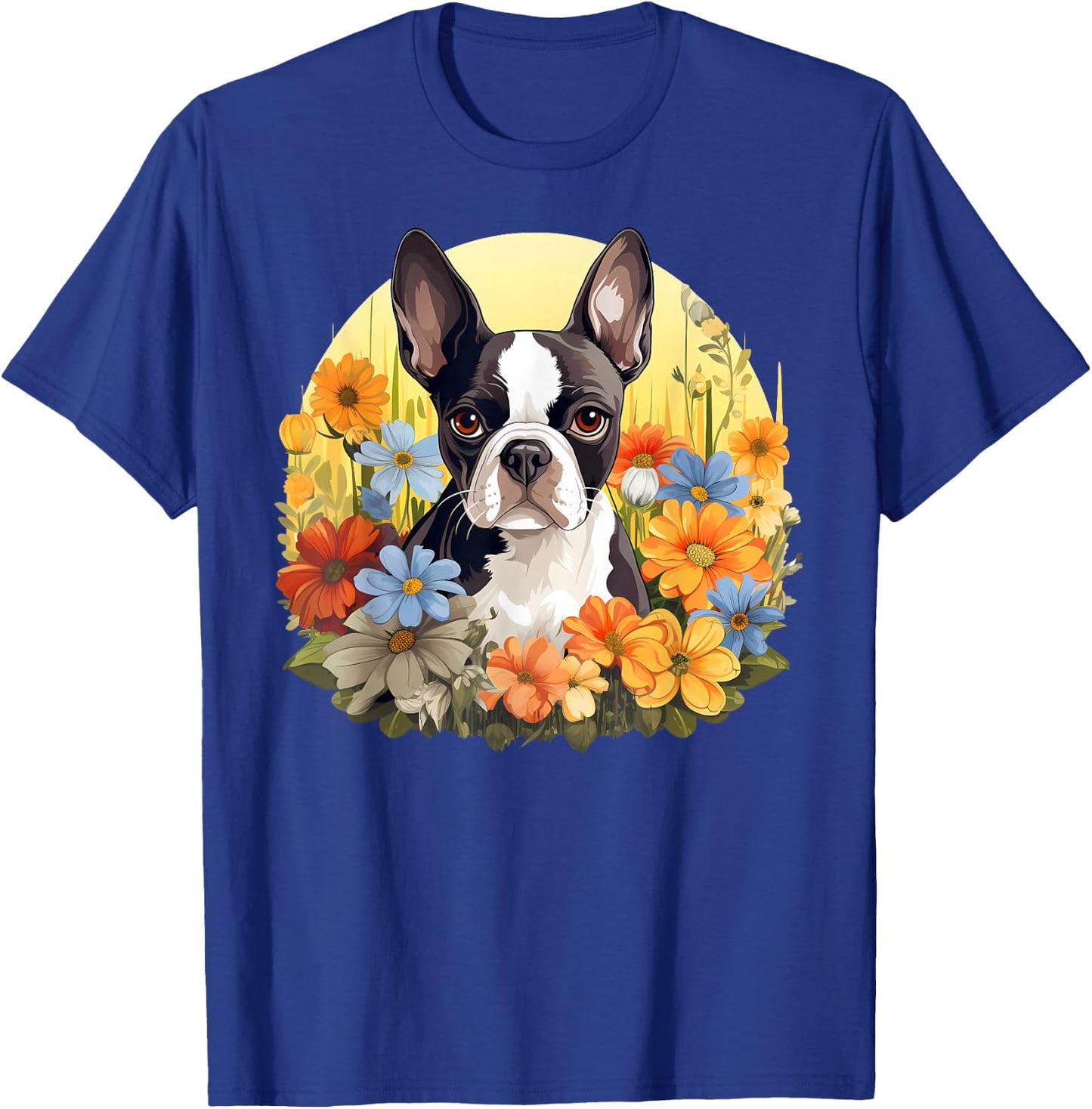 Cute Boston Terrier Spring Flower Garden Colorful Puppy Dog T-Shirt - T-Shirt | Royal