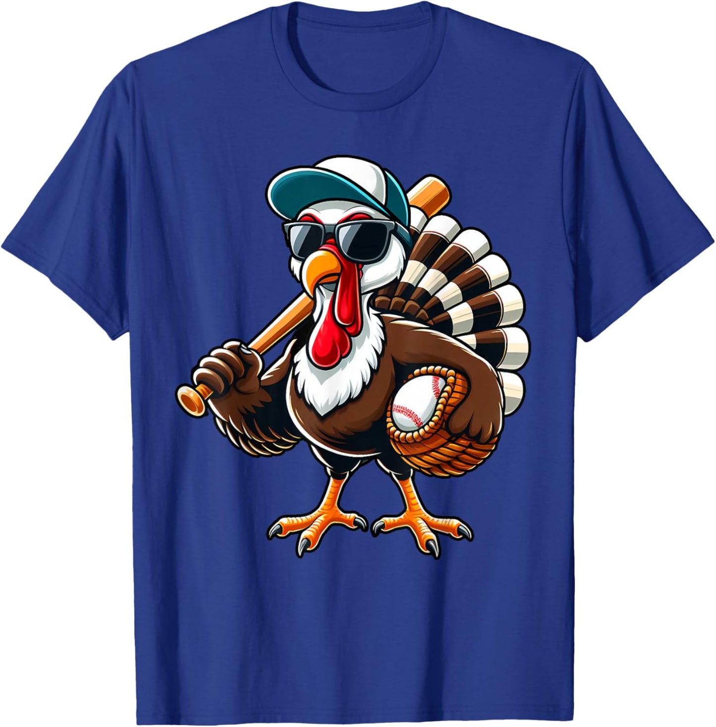 Turkey Baseball Thanksgiving Fall Turkey Playing Baseball T-Shirt - T-Shirt | Royal