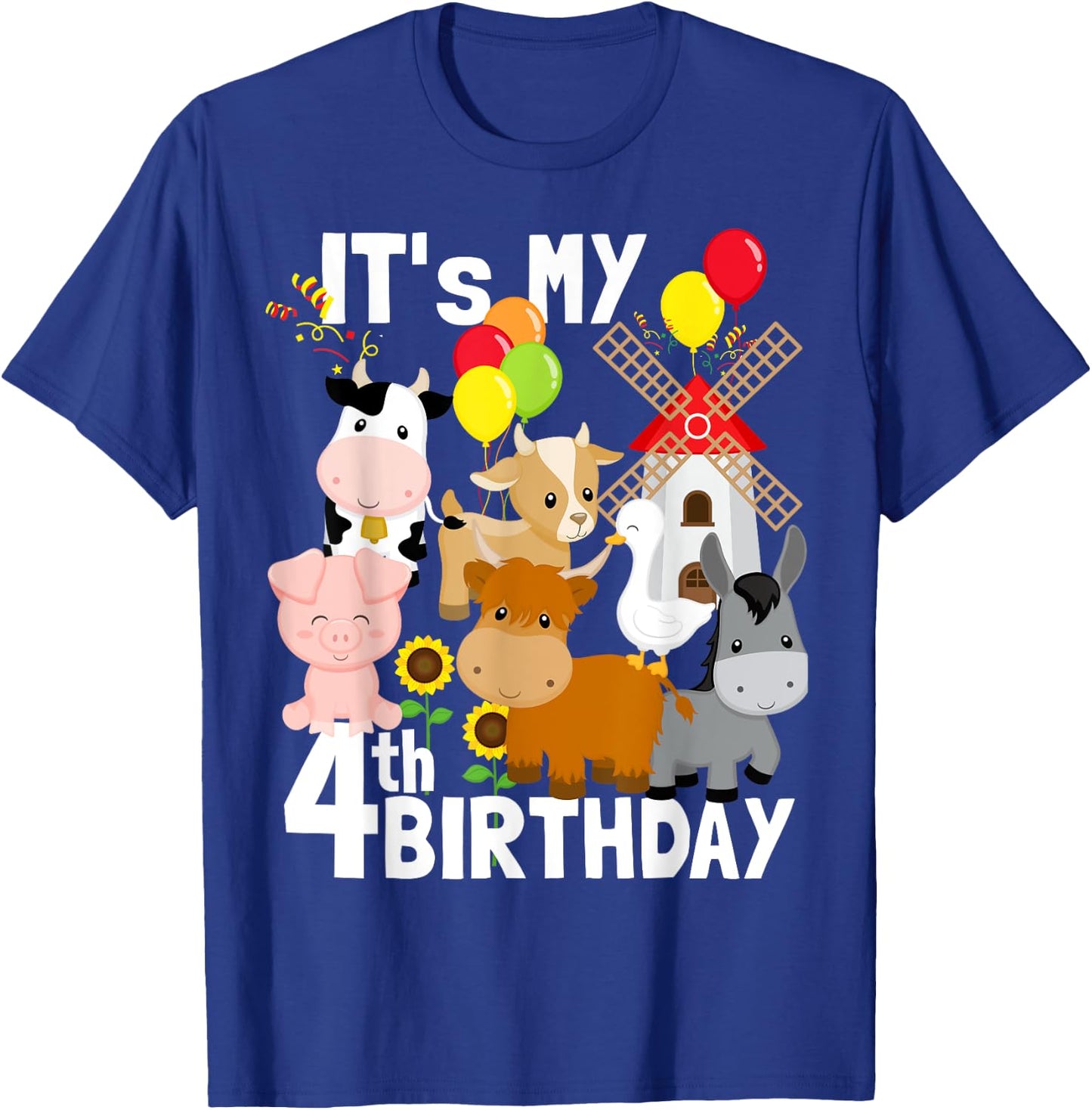 Farm Animals 4 Year Old It's My 4th Birthday Party Farm T-Shirt - T-Shirt | Royal