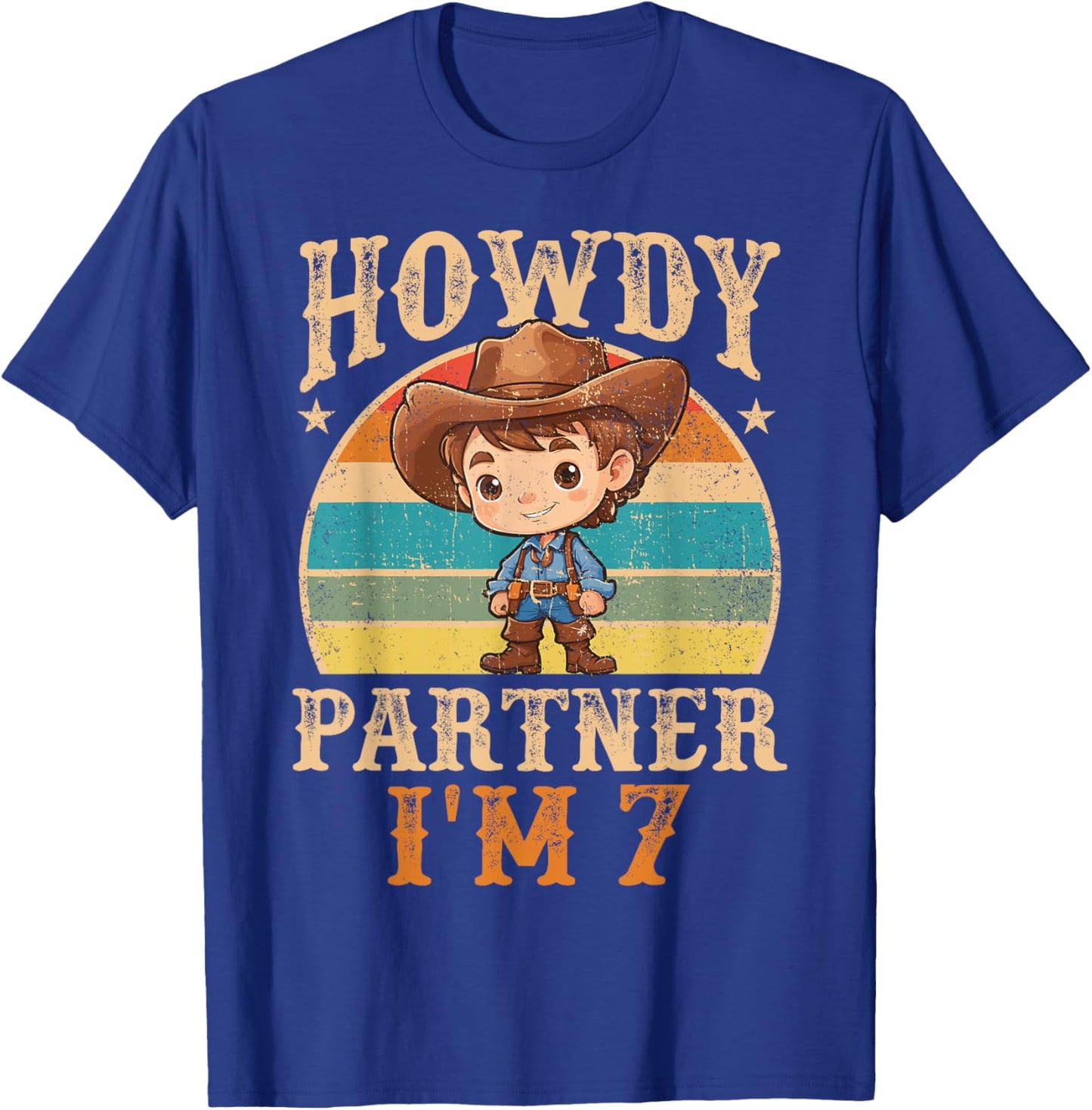 Howdy Partner I'm 7 Cowboy 7th Birthday Country Western Boy T-Shirt - T-Shirt | Royal