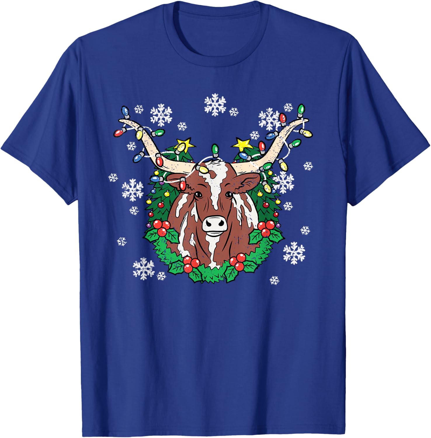 Texas Longhorn Christmas Pajama X-mas Lights Snowflakes T-Shirt - T-Shirt | Royal