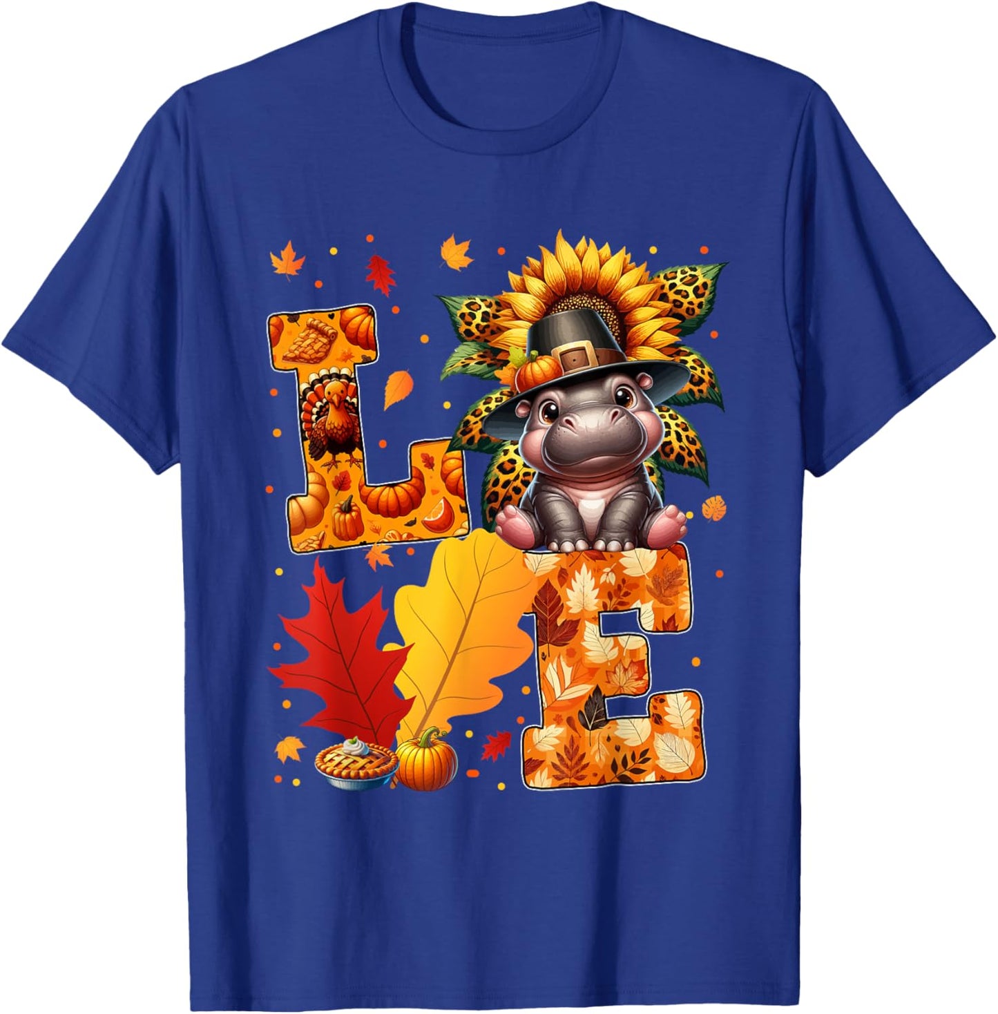 LOVE Thanksgiving Hippo Costume Fall Leaves Sunflower T-Shirt - T-Shirt | Royal