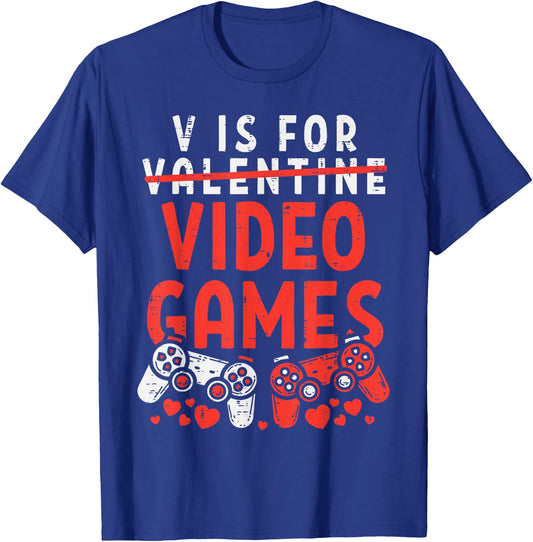 V is for Video Games Funny Valentines Gamer Boy Men Kids T-Shirt - T-Shirt | Royal