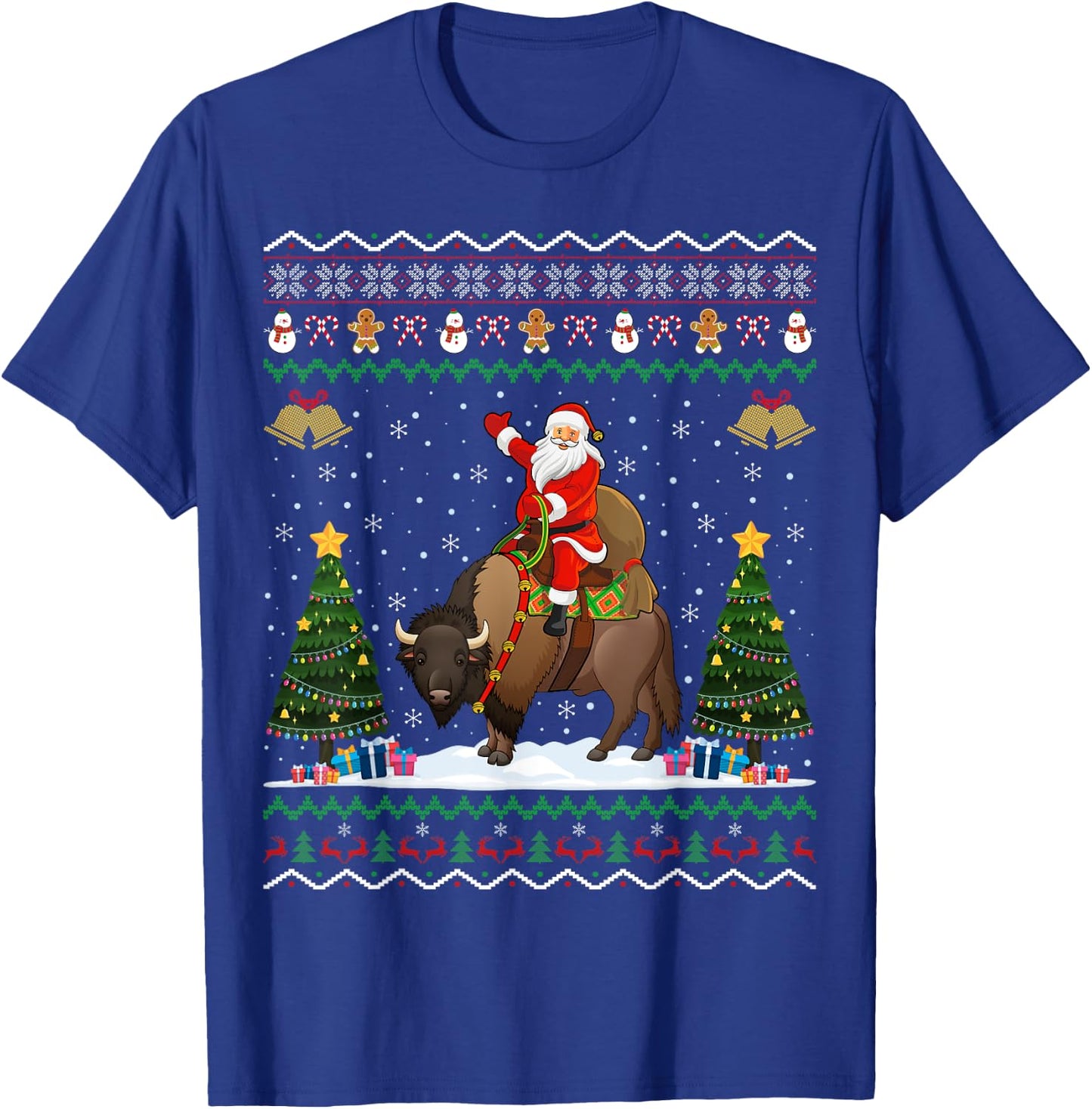 Bison Ugly Xmas Gift Santa Riding Bison Christmas T-Shirt - T-Shirt | Royal