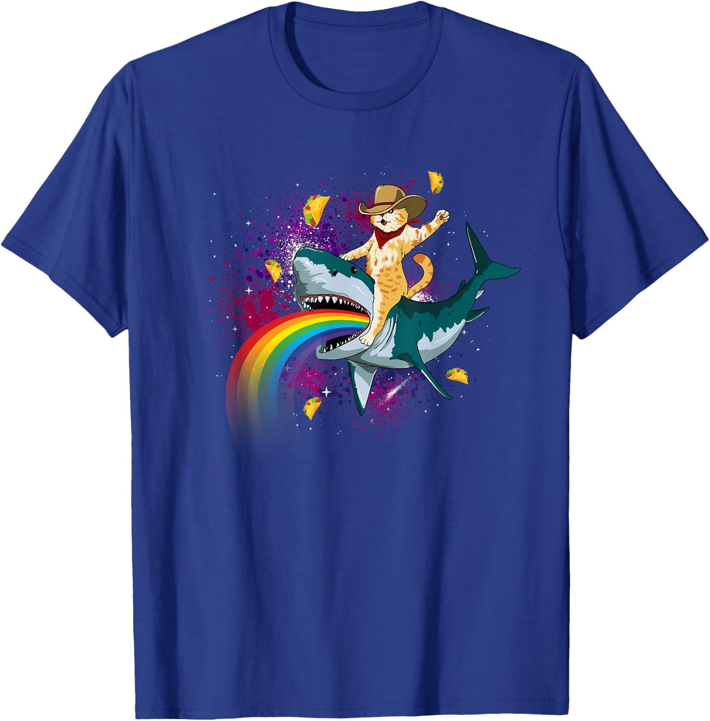 Western Cowboy Cat Riding A Shark In Taco Space Rainbow T-Shirt - T-Shirt | Royal