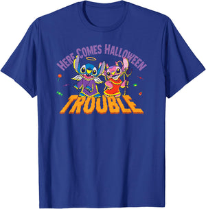 Disney Stitch & Angel Here Comes Halloween Trouble T-Shirt - T-Shirt | Royal