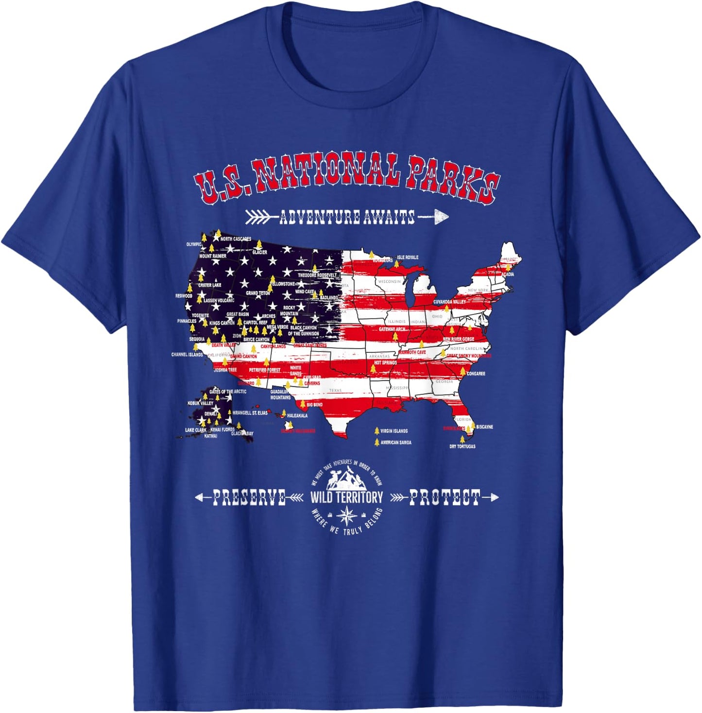 63 National Parks Map - Vintage American Flag Hiking Camping T-Shirt - T-Shirt | Royal