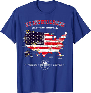 63 National Parks Map - Vintage American Flag Hiking Camping T-Shirt - T-Shirt | Royal