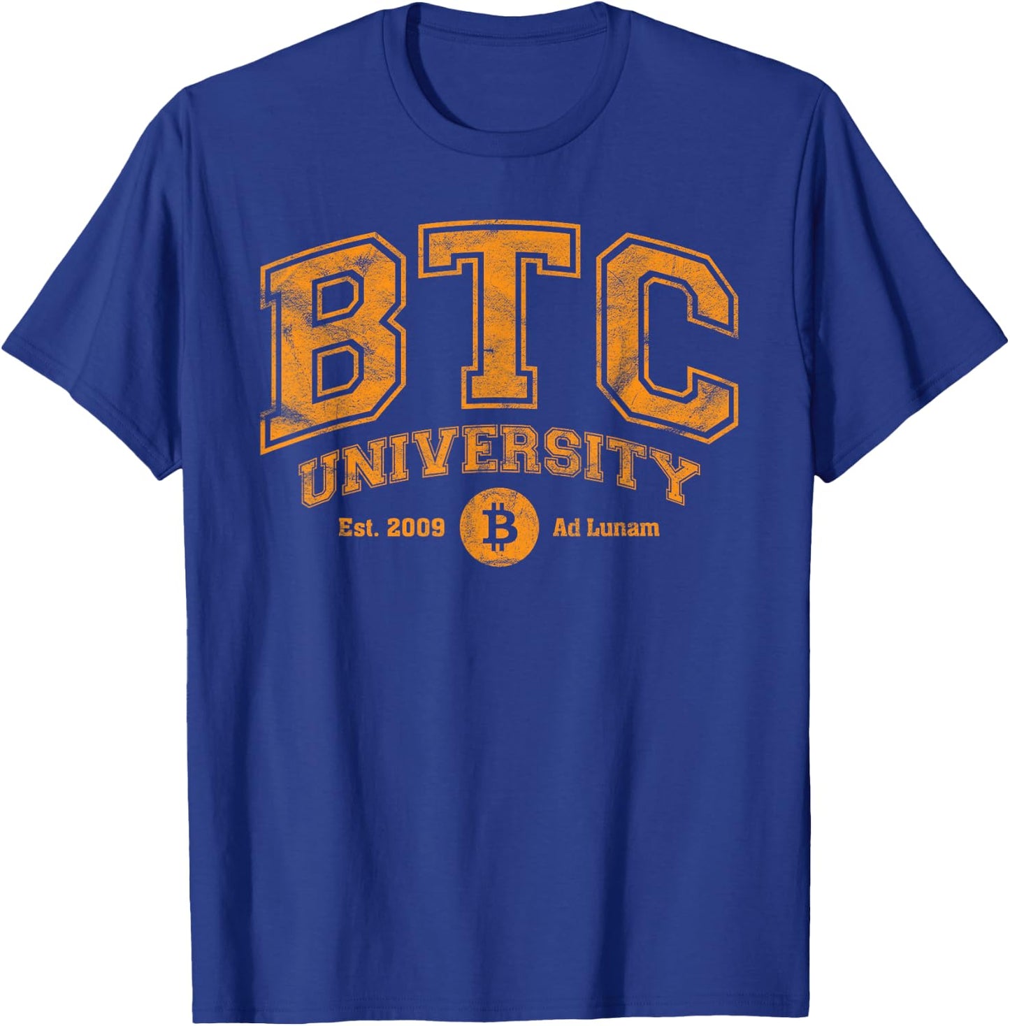 BTC University To The Moon, Funny Distressed Bitcoin College T-Shirt - T-Shirt | Royal