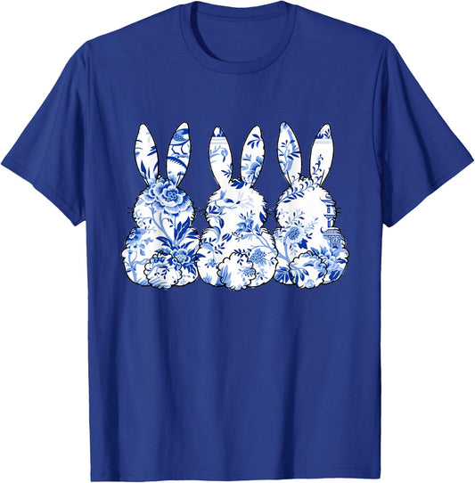 Chinoiserie Bunnies Blue and White Chinoiserie Florals women T-Shirt - T-Shirt | Royal