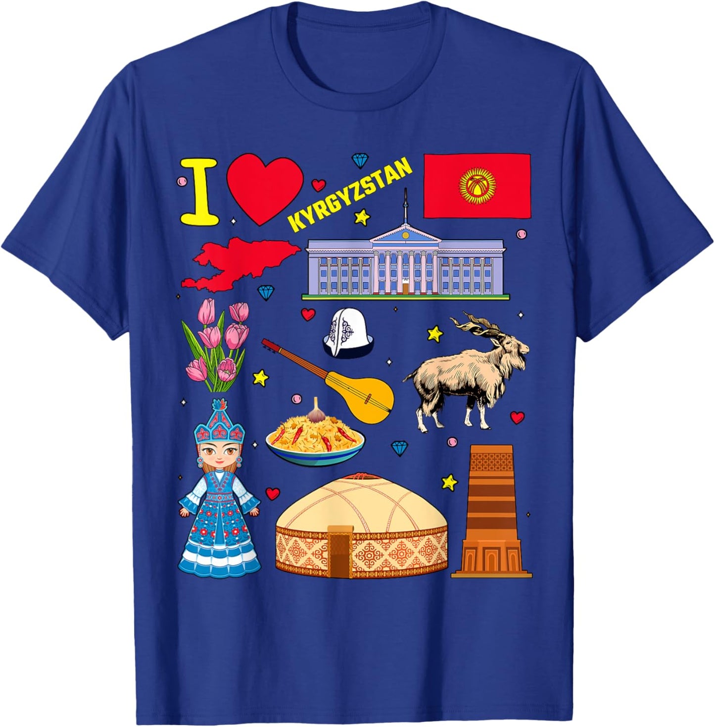 I love Kyrgyzstan. Hand drawn Kyrgyz Landmarks, flag and map T-Shirt - T-Shirt | Royal