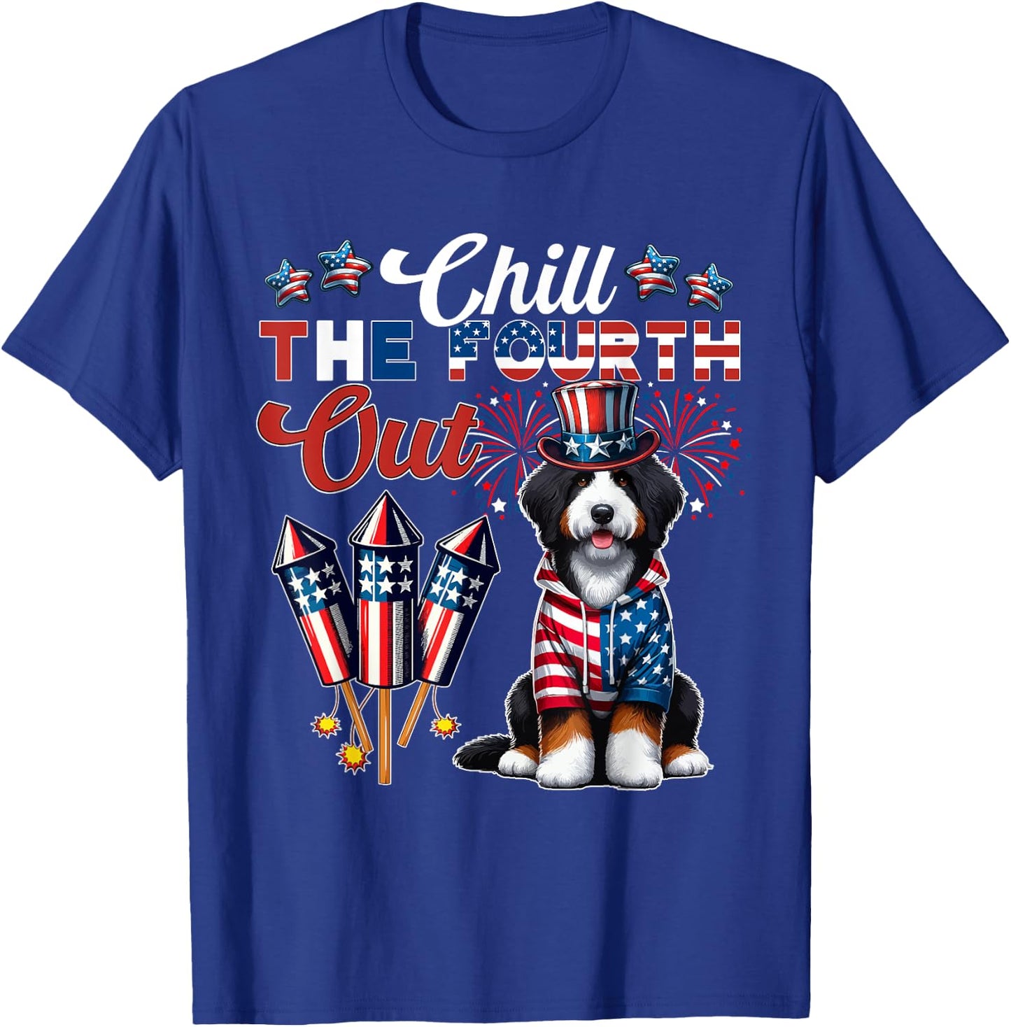 Chill The Fourth Out Costume 4th Of July Cute Bernedoodle T-Shirt - T-Shirt | Royal