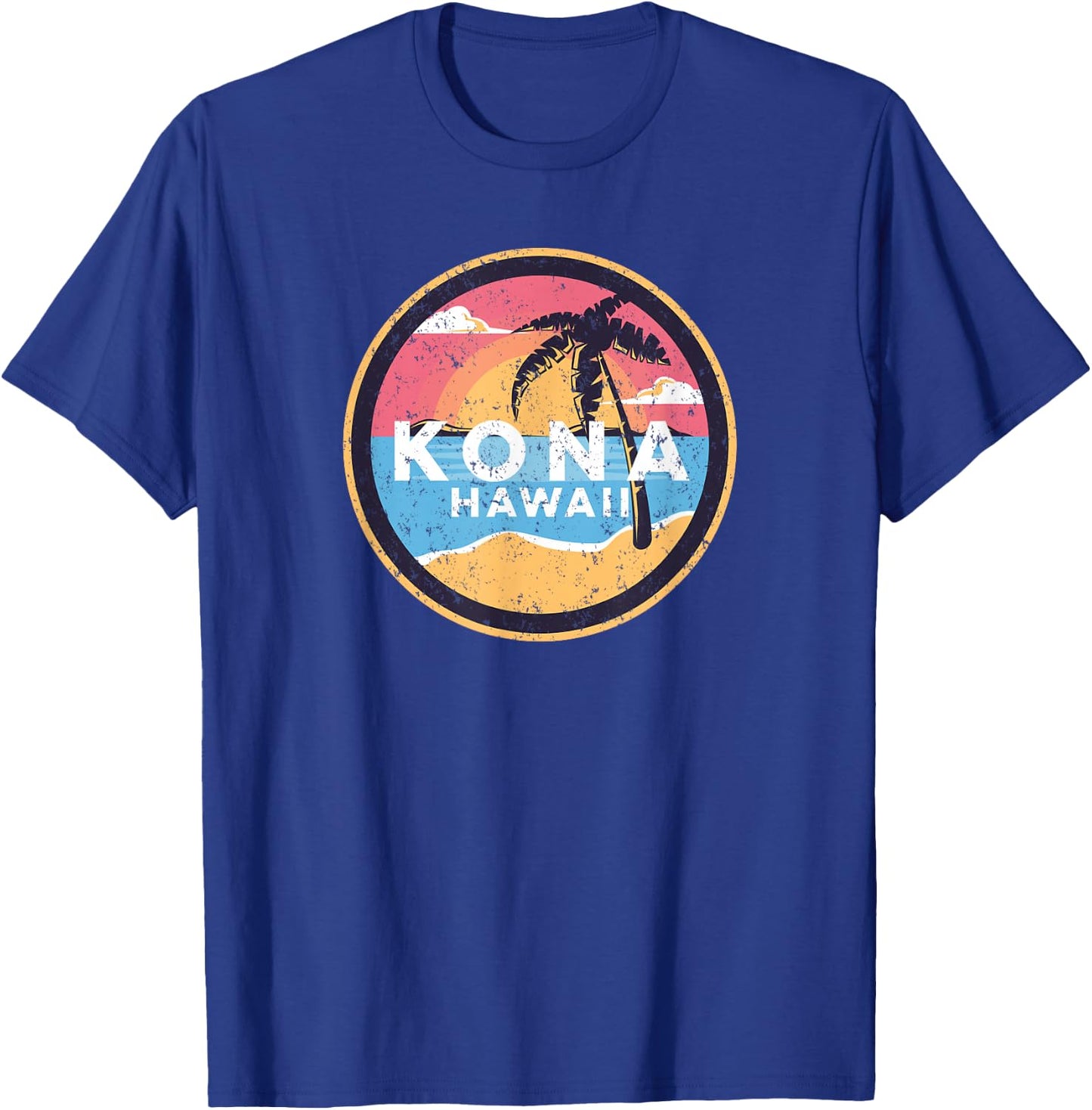 Kona Hawaii Vintage Distressed Surfer Beach Palm Tree Sunset T-Shirt - T-Shirt | Royal