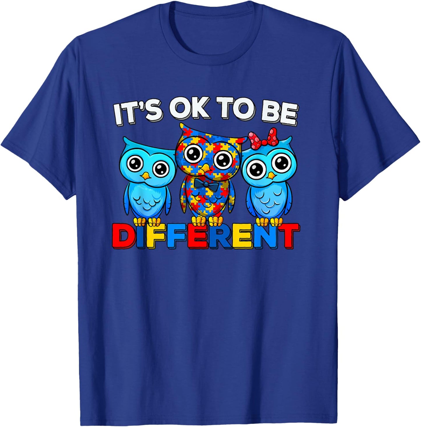 Support Autism Puzzle Autism Awareness Cute Owl Animal It's Ok To Be Different -Kids and Adults Black T-Shirt - T-Shirt | Royal