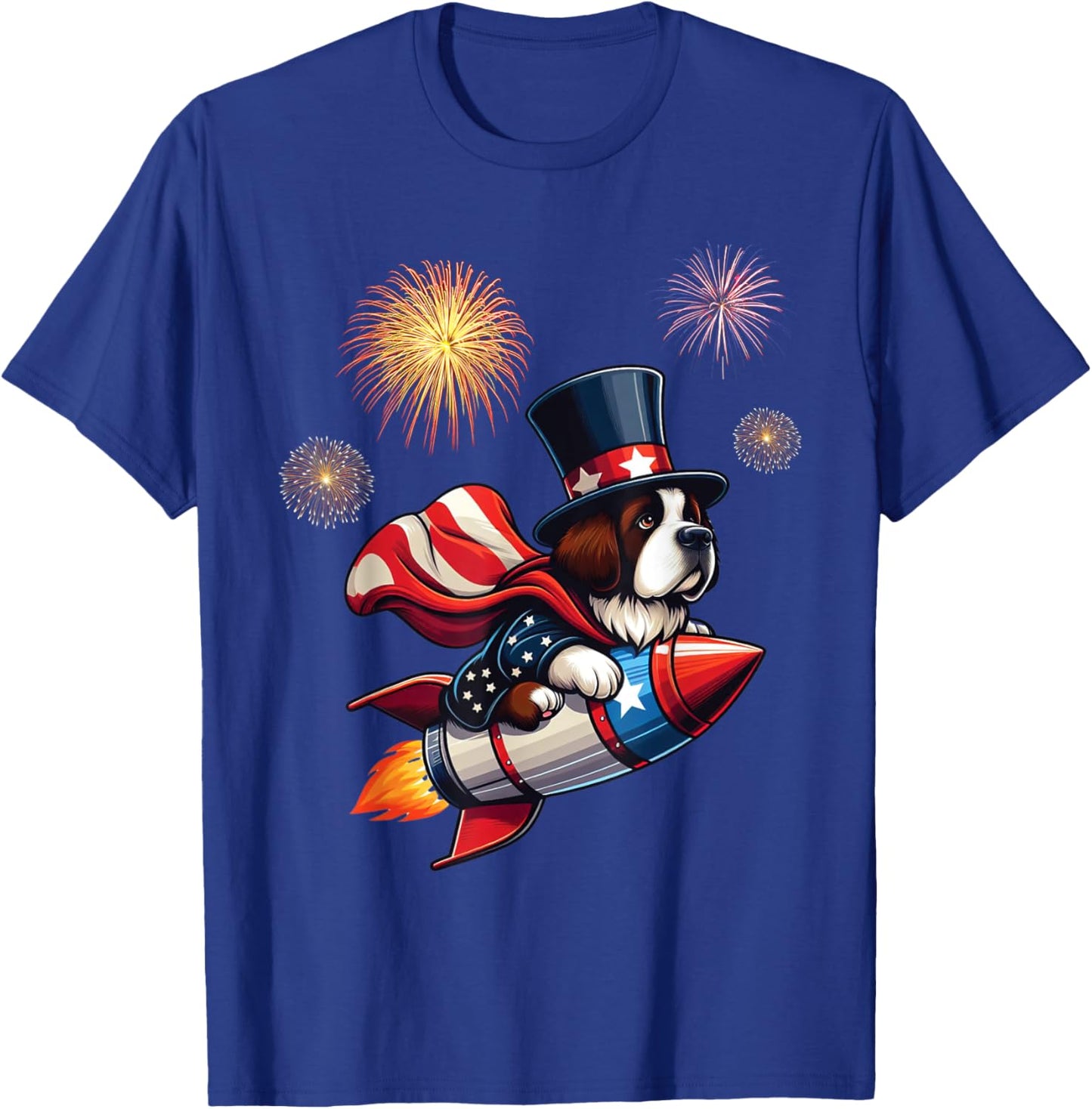 Saint Bernard Rocket Fireworks Independence USA Patriotic T-Shirt - T-Shirt | Royal