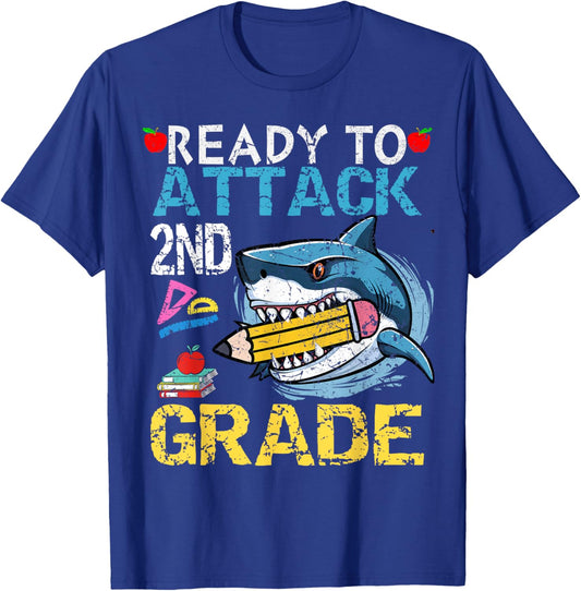 Ready To Attack 2nd Grade Funny Shark 2nd First Day School T-Shirt - T-Shirt | Royal
