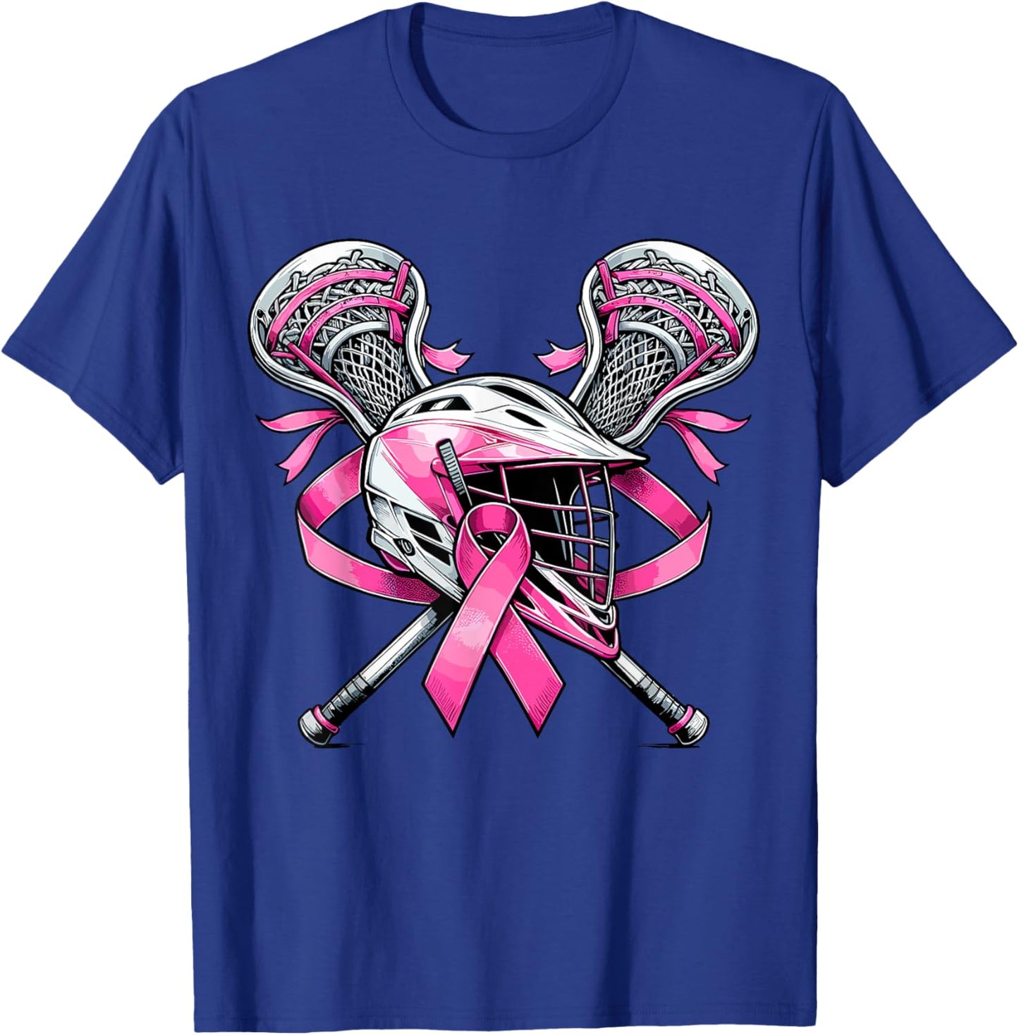 Lacrosse Pink Ribbon Breast Cancer Awareness Sport Lover T-Shirt - T-Shirt | Royal